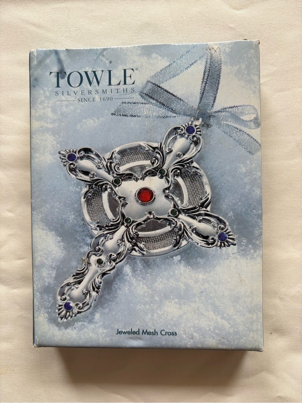 Towle Jeweled Mesh Cross Ornament - Silver with Red, Blue, Green Accents